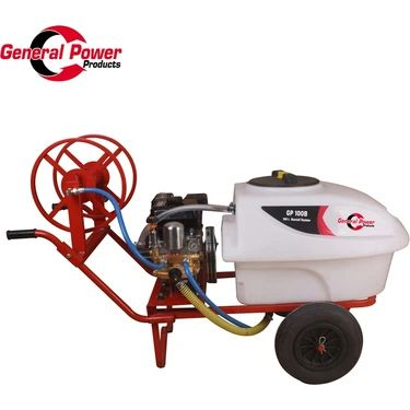 General Power GP-100B 100-Liter Holder Engine: Zongshen ZS-170 model Power: 7 HP Speed: 3600 RPM Pump Model: BC-22A Flow Rate: 14-22 L/min Pressure: Operating 20-40 kg/cm² Tank: Made of high-quality polyethylene, 100-liter capacity Features: Strong wheels (350×70 mm), built-in reel for spray hose